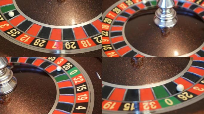 赌场轮盘赌桌上的球。车轮旋转、转向、旋转。绿色零。
