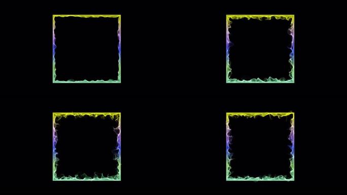 方形框架。黄色，绿色和蓝色3d正方形由波，点，颗粒混合而成，孤立在黑色背景上。流动的颗粒。