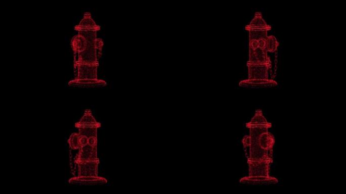 3D红色消防栓对象在黑色背景上绕其轴旋转。由闪烁粒子组成的物体60 FPS。科学教程概念。标志、标题