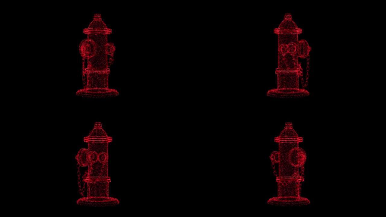 3D红色消防栓对象在黑色背景上绕其轴旋转。由闪烁粒子组成的物体60 FPS。科学教程概念。标志、标题