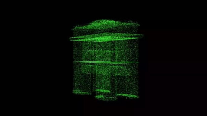 3D凯旋门在黑色背景上旋转。由绿色闪烁粒子组成的物体60 FPS。科学概念。标题、演示文稿的抽象bg