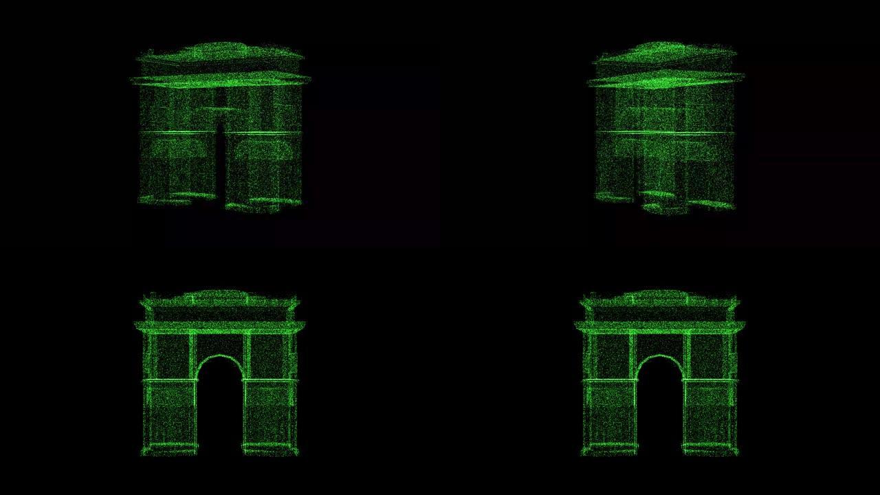 3D凯旋门在黑色背景上旋转。由绿色闪烁粒子组成的物体60 FPS。科学概念。标题、演示文稿的抽象bg