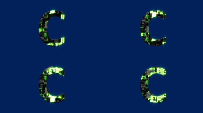 字母C，暗铁赛博朋克故障字母，孤立循环视频