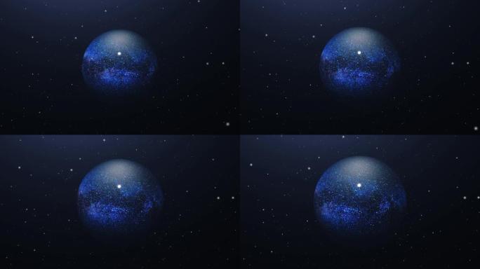 旋转的行星的3D渲染CGI，周围有明亮的充满活力的恒星漂浮在太空中