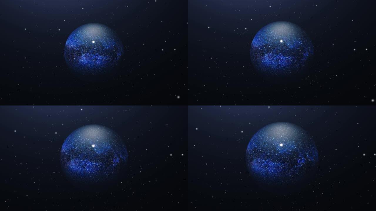 旋转的行星的3D渲染CGI，周围有明亮的充满活力的恒星漂浮在太空中