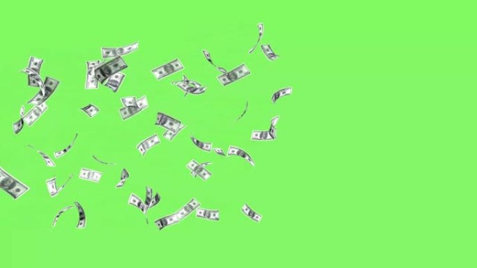 一股100美元的钞票在绿屏的背景下飞来飞去。3D动画。
