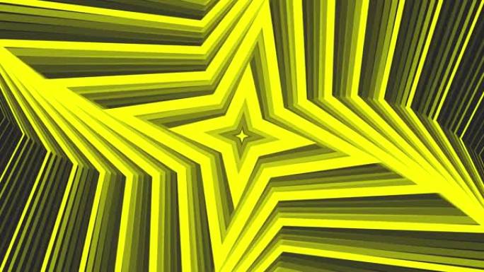 深灰色黑色背景循环上的黄色粗体自旋四角星简单平坦几何。星光灿烂的旋转电波无尽的创意动画。旋转星星无缝