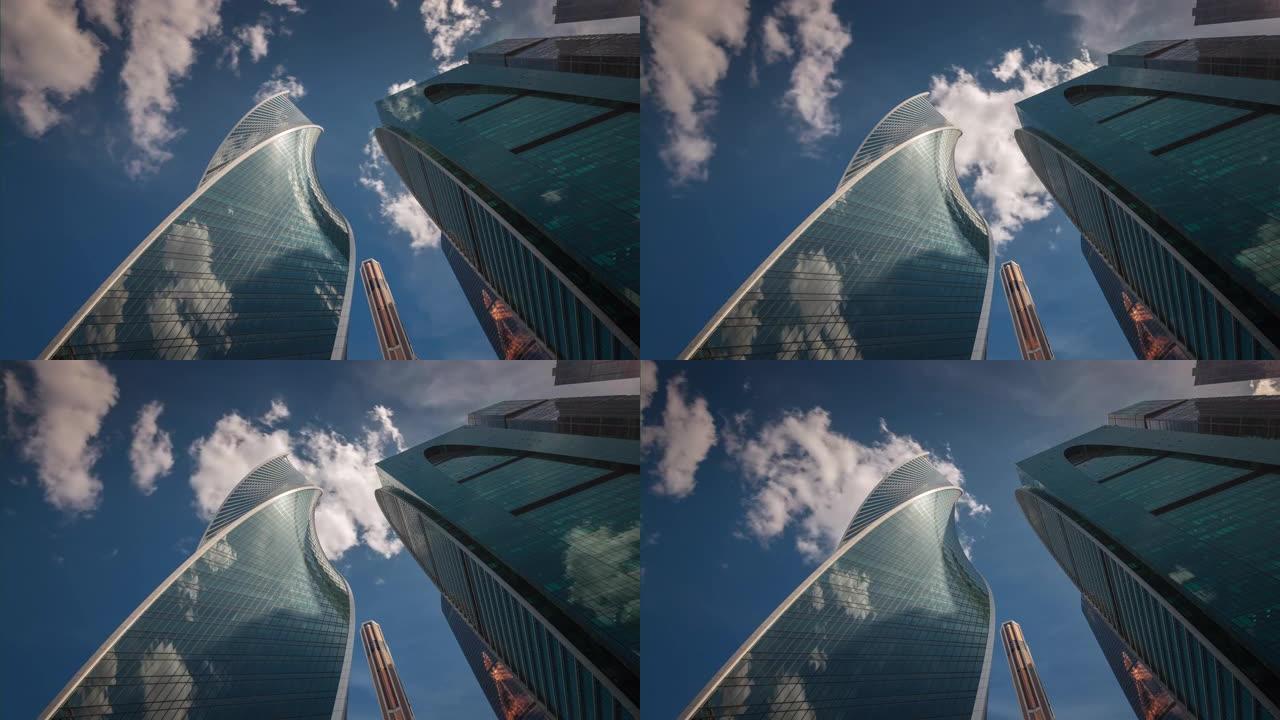 阳光明媚的日子莫斯科现代城市摩天大楼上看全景4k延时俄罗斯