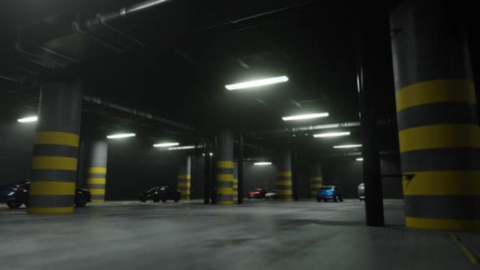 与汽车一起在地下停车场内部移动。3D渲染