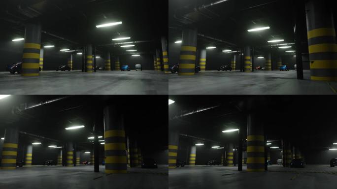 与汽车一起在地下停车场内部移动。3D渲染