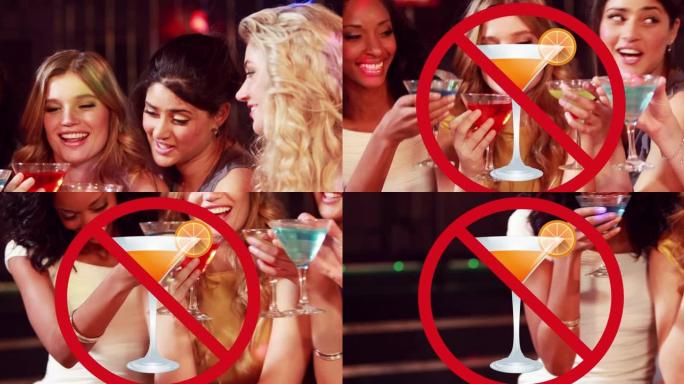 禁止喝酒的动画标志着各种各样的女性朋友拿着饮料和烤面包
