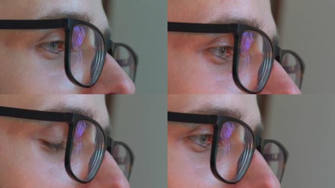 眨眼的短视，戴着黑框眼镜的家伙。特写，侧视图，可变的浅色。