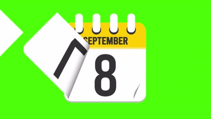 9月11日。日历出现，页面下降到9月11日。绿色背景，色度键 (4k循环)