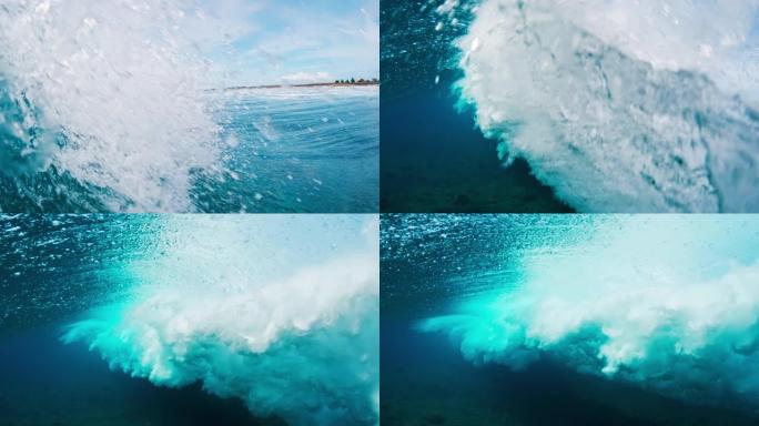 海浪。强大的海浪在马尔代夫的冲浪点滚动并破裂