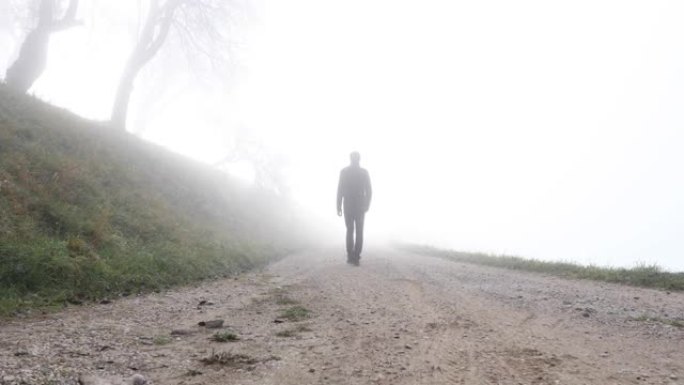 男人独自走在雾蒙蒙的乡村路上。