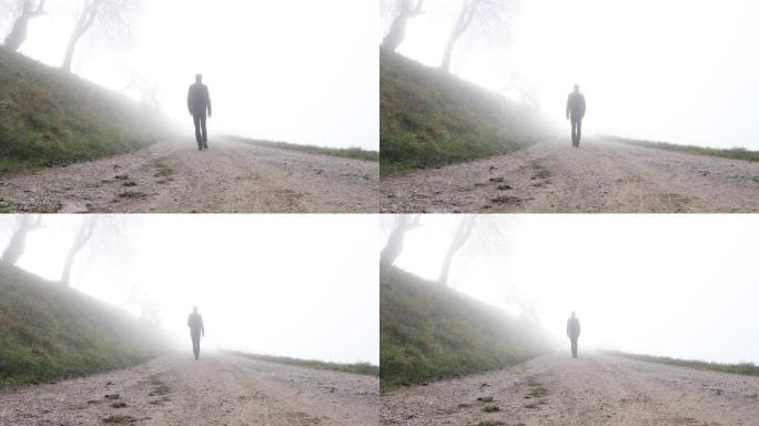 男人独自走在雾蒙蒙的乡村路上。