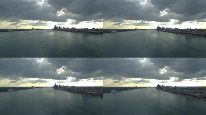 底特律天际线水面上的4k无人机镜头。美国密歇根州