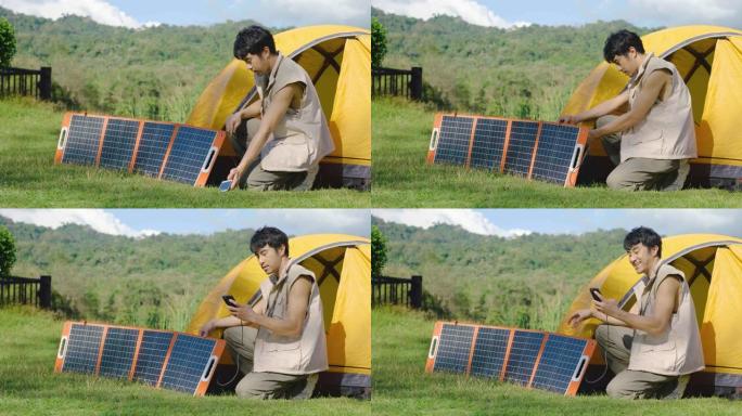 4K，年轻的旅行家放松，享受露营。便携式太阳能电池板手动插头通过多功能电缆为智能手机充电，清洁能源用
