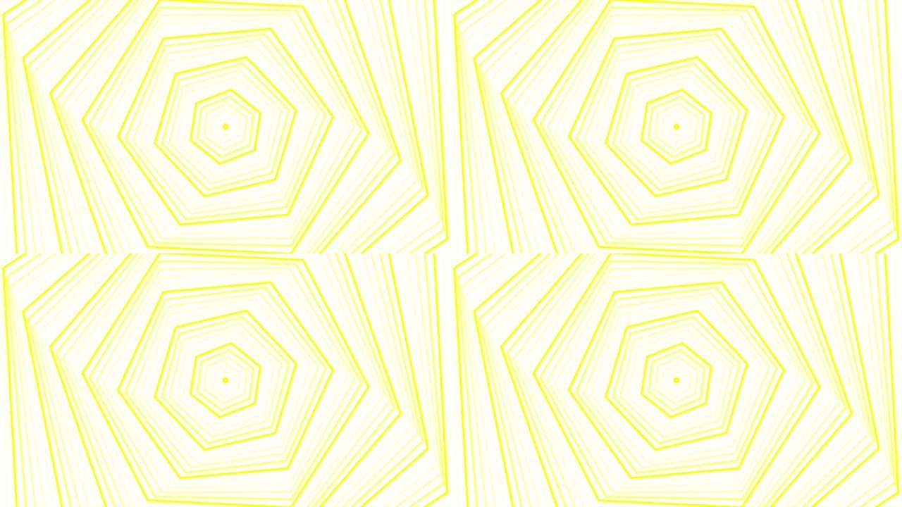 白色背景上的黄色自旋六边形星简单扁平几何循环。星光灿烂的六边形无线电波无尽的创意动画。星星无缝运动图