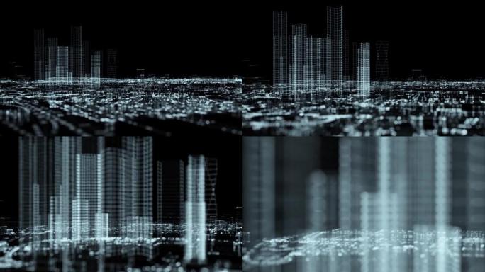 3D数字粒子之城。4k动画。飞过一群摩天大楼