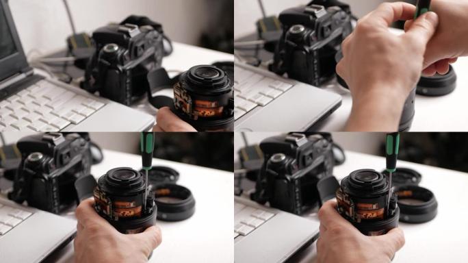 男子修理相机镜头、自动对焦电机、工具。工作场所