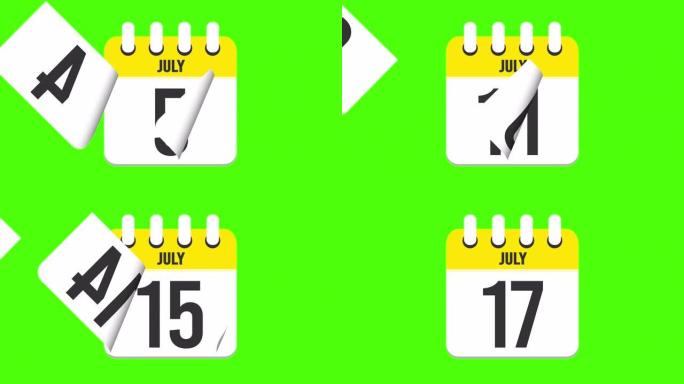 7月17日。日历出现，页面下降到7月17日。绿色背景，色度键 (4k循环)