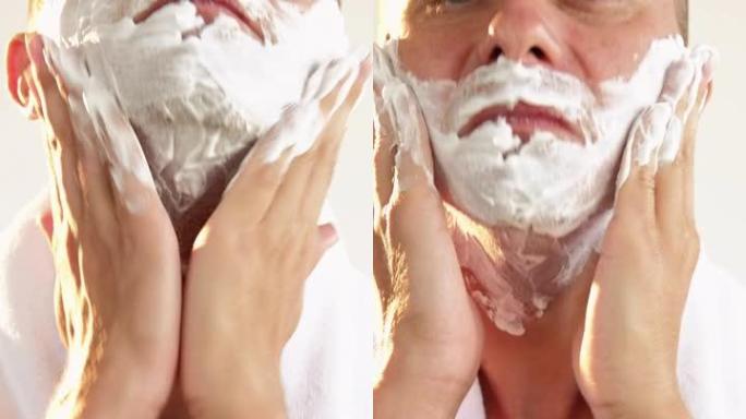 男性剃须面部程序男性使用泡沫