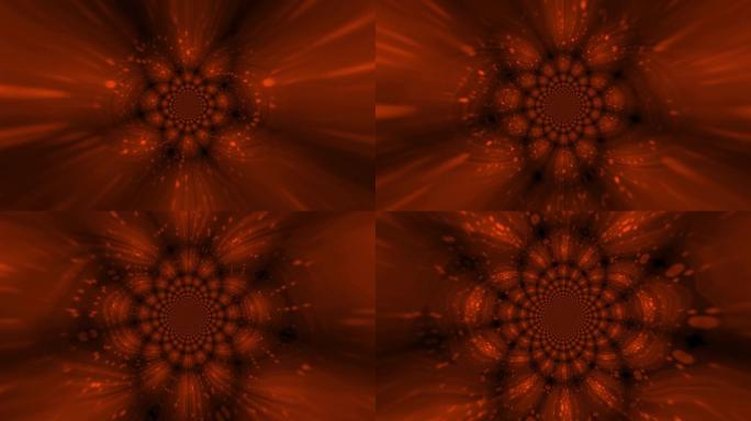 4k橙色抽象盛开的花朵状波浪图案。飞行散焦粒子。光学光束动画。具有万花筒形链的圆形曼陀罗。bokeh