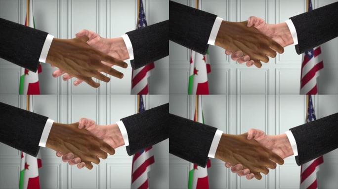 布隆迪与美国合作商业协议。国家政府旗帜。官方外交握手说明动画。协议商人握手