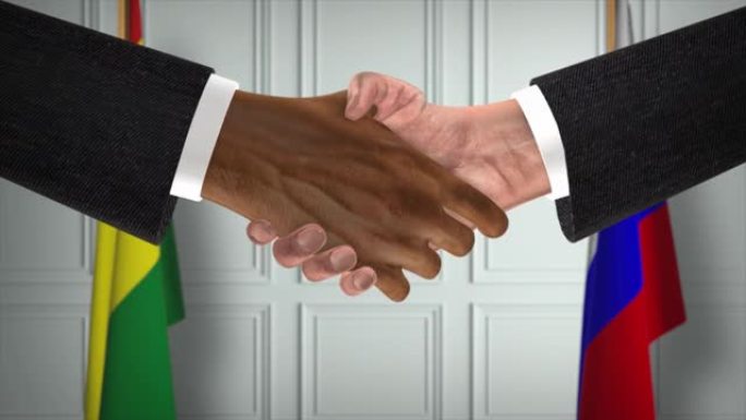 玻利维亚与俄罗斯达成协议握手，政治例证。正式会议或合作，商务见面。商人和政客握手
