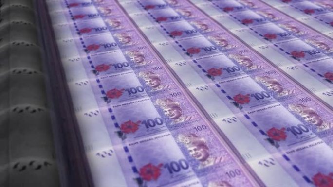 马来西亚，马来西亚林吉特印刷机打印出当前100林吉特钞票，无缝循环，马来西亚货币背景，4K，聚焦深度