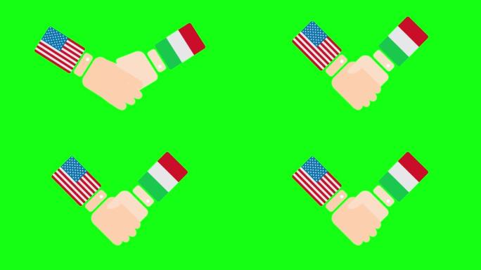 美国(美国)和意大利握手，政客会面或合作的概念相关2D卡通动画，孤立在绿色屏幕背景上