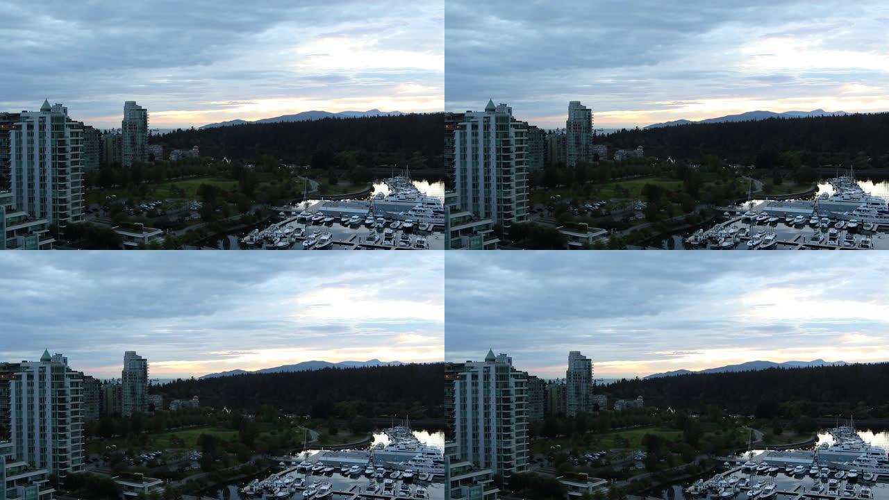 加拿大温哥华煤港码头上空多云的日落天空