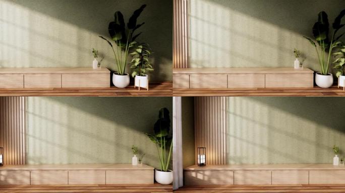 室内，客厅现代简约有沙发和橱柜，植物，绿色墙壁上的灯和花岗岩瓷砖地板。3d渲染