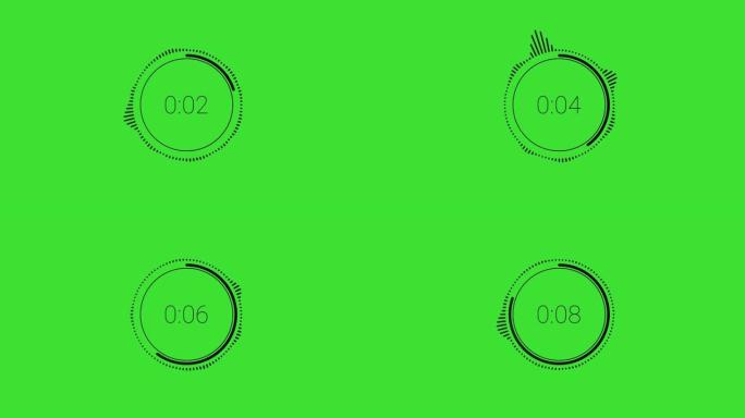 音频频谱圆形或径向10秒倒计时或计时器在绿色屏幕背景的中心。带黑色频带的音频波形。音乐显示的可视化。