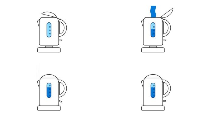 立式动画现代电水壶。装满水，煮沸，为茶会做热饮。白色背景上孤立的卡通循环视频