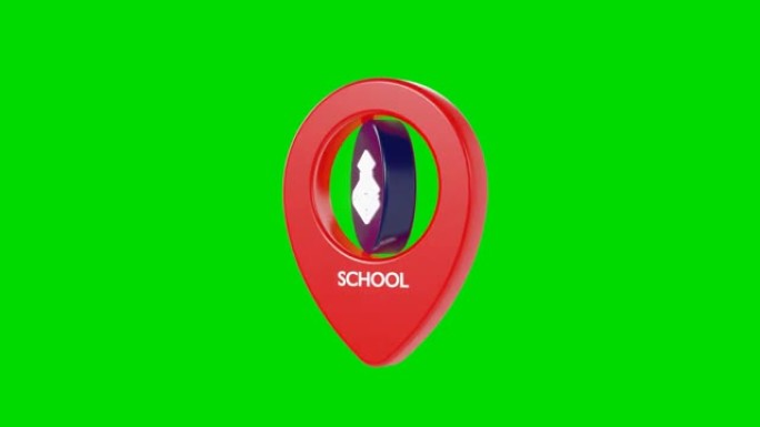 学校闪亮的红色现实地图别针。矢量3d指针隔离在绿色背景上。位置符号，地图标记绿色屏幕阴影环红色，4k