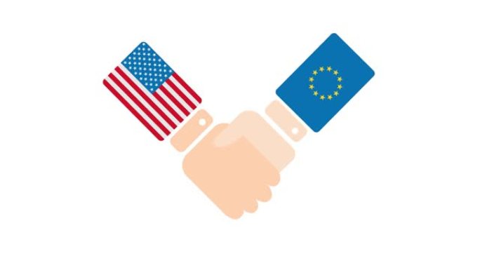 美国(美国)与欧盟握手、政客会面或合作概念相关的2D卡通动画，孤立在白色背景上