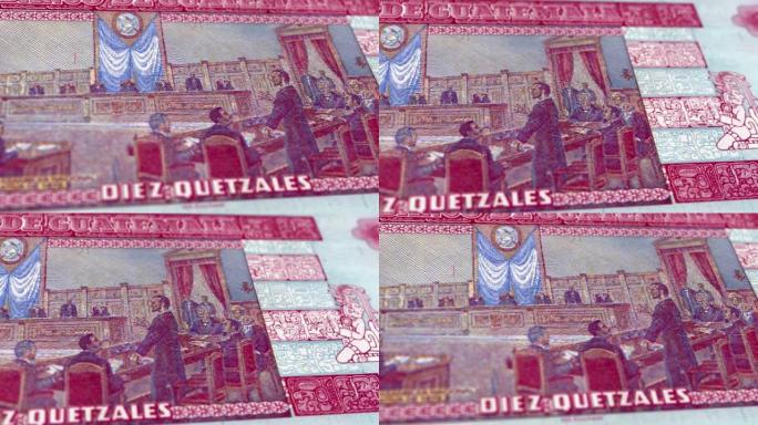 危地马拉格查尔10纸币，十个危地马拉格查尔，危地马拉格查尔的特写和宏观视图，跟踪和多莉拍摄10个危地
