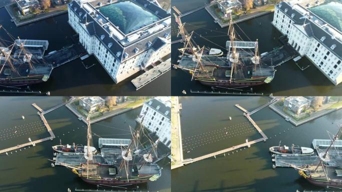 荷兰阿姆斯特丹，无人机城飞行。建筑，教堂，内河船，2022年的运河