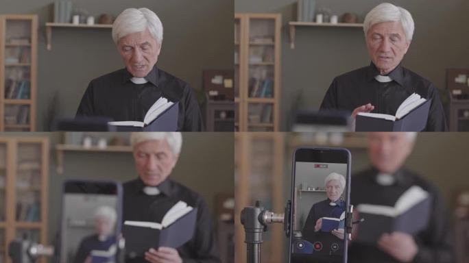 高级牧师拍摄自己在家布道的视频