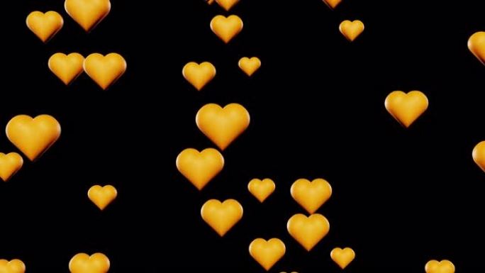 橙色情人节心落在黑色背景3d渲染循环上。爱情概念，浪漫，周年纪念，母亲节，结婚，邀请电子贺卡