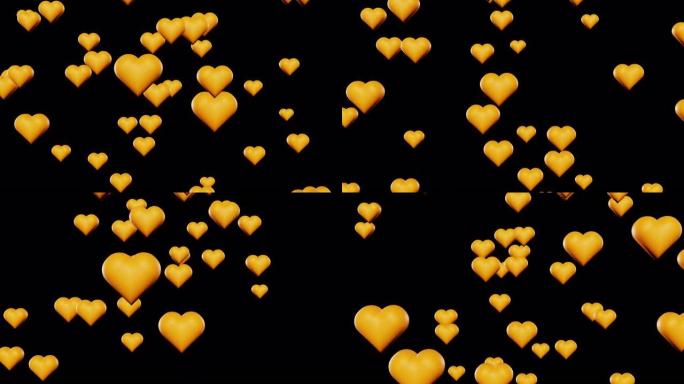 橙色情人节心落在黑色背景3d渲染循环上。爱情概念，浪漫，周年纪念，母亲节，结婚，邀请电子贺卡