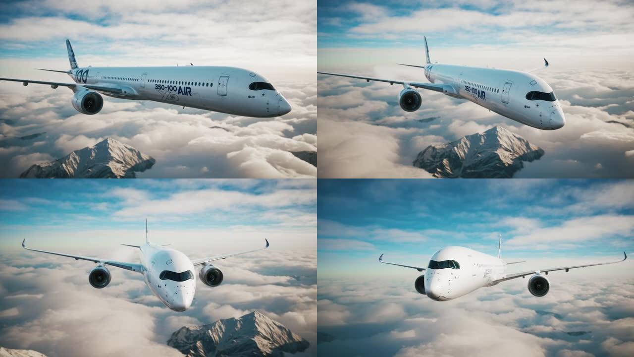 飞机飞越山脉和云层。客机在云层上空飞行。3d动画
