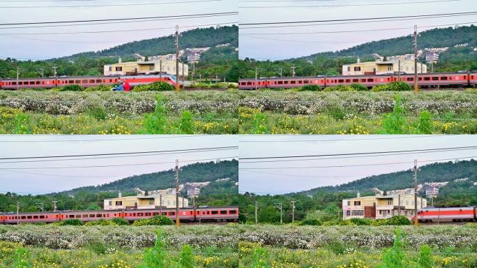 橙色的火车穿过乡村。