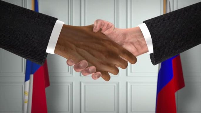 菲律宾和俄罗斯的协议握手，政治例证。正式会议或合作，商务见面。商人和政客握手