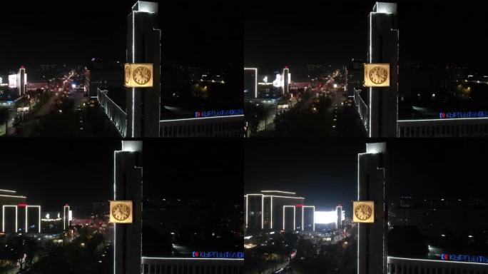 比什凯克市中心街道夜间鸟瞰图