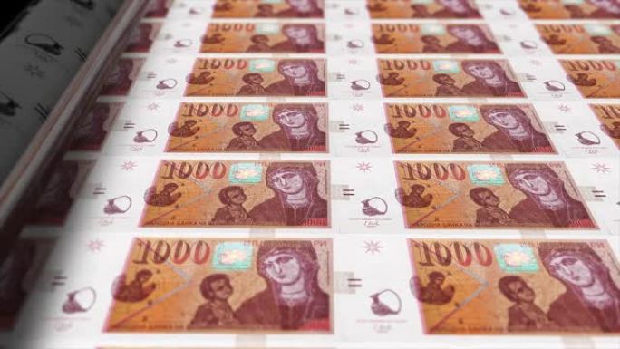 马其顿，北马其顿Denar印刷机打印出当前1000 Denar钞票，无缝循环，马其顿货币背景，4K，