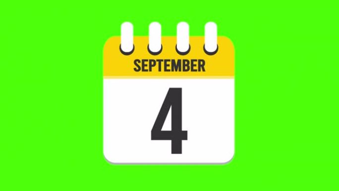 9月4日。日历出现，页面下降到9月4日。绿色背景，色度键 (4k循环)