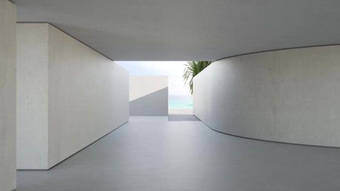 现代海滨别墅或公寓混凝土地板上的空白色曲线墙。